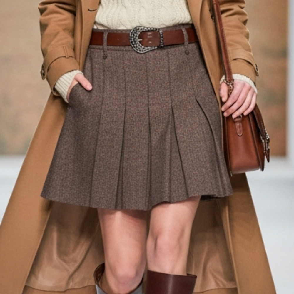 Vintage Brown Tweed Wool Blend Mini Skirt Front Pleated Academia M